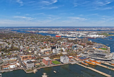 Aerial view of Port Newark in Bayonne, New Jersey USA. The area is known for oil storage and international shipping