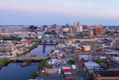 Dusk Falls on the Urban Downtown Metro Area of Newark New Jersey