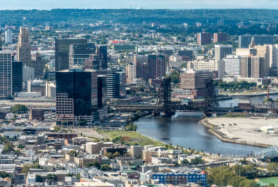 Aerial view of the skyline of Newark, New Jersey, The Passaic River and surrounding areas of Essex County.